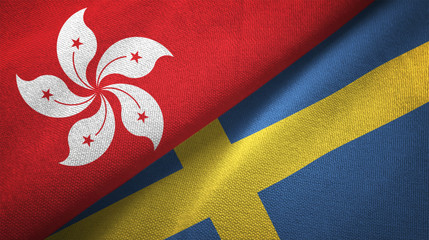Fototapeta premium Hong Kong and Sweden two flags textile cloth, fabric texture