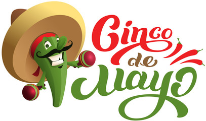 Mexican cactus in sombrero hat holding maracas. Cinco de mayo text holiday greeting card