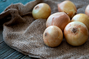 Raw onions on burlap.