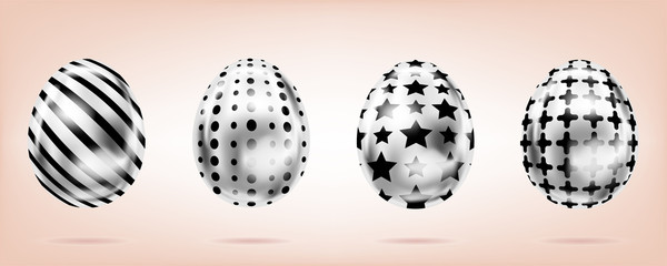 Four silver eggs on the pink background. Isolated objects for Easter. Cross, dots, stripes and stars