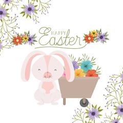 happy easter label with egg and flowers icon