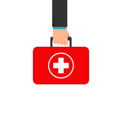 Hand holding first aid box. Clipart image isolated on white background