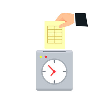 Hand putting card in time clock icon. Clipart image isolated on white background