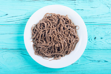 Japanese soba noodles on a plate