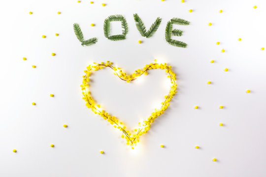 Simbolo del cuore fatto da fiori di Mimosa gialla con striscia di luci led e scritta love su uno sfondo bianco.