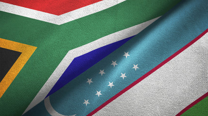 South Africa and Uzbekistan two flags textile cloth, fabric texture