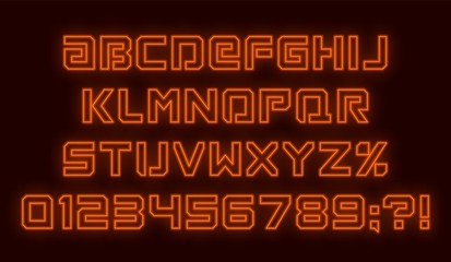 Futuristic neon font. Orange alphabet with numbers on dark background. Vector illustration.