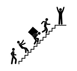 people climb the stairs, stick figure pictogram man, person falls down,  loader carries load up