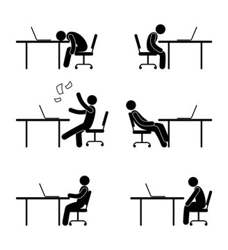 man in the office sits at the table, various poses, situations, stick figures pictograms worker