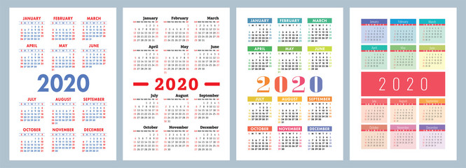 2020 calendar English calender design template colorful