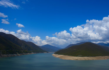 mountain lake with blue water