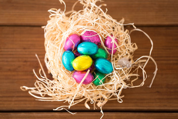 easter, confectionery and holidays concept - chocolate eggs in straw nest on wooden table
