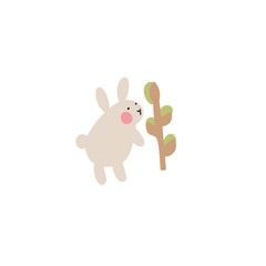 Adventures of Easter bunnies, who are looking for and hiding holiday eggs. Easter design elements in minimalistic vector style. Illustrations for kids.