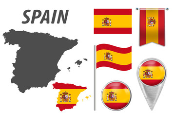 Obraz premium SPAIN. Collection of symbols in colors national flag on various objects isolated on white background. Flag, pointer, button, waving and hanging flag, detailed outline map and country inside flag.