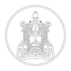 Two golden fish. eight auspicious symbols of buddhism. Valuable. Black and white