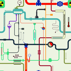 Complex pipe labirinth with sensor, boil, counter, faucet, hazard sign, manometer, tube on vector backgroun.  chemistry experiment lab. Cartoon scientific seamless pattern.