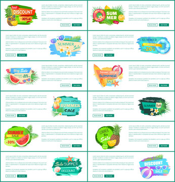 Best super discount banners set vector. Big promotion and summer offering, proposals of shops. Watermelon fruit and cocktail with straw, cool beverage