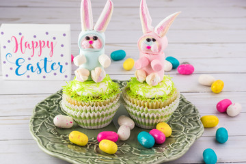 Capcakes with rainbow marshmallow bunnies.