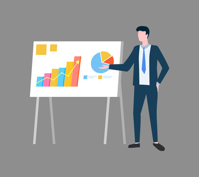 Presenter with presentation vector, businessman explaining analyze data. Whiteboard with charts and pie diagrams, workshop seminar, business meeting