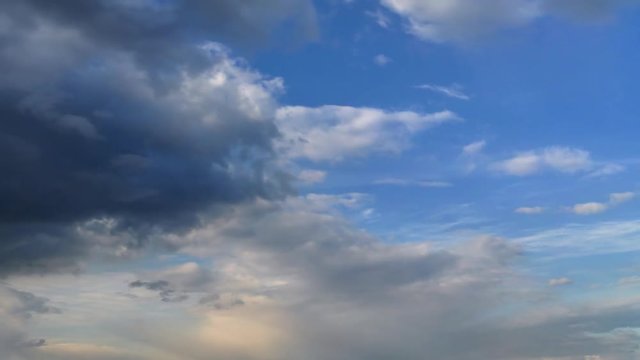 Dark storm-cloud cover blue sky with white clouds at sunny day