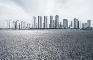 Empty road with future smart city background
