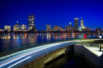 Long exposure of the Boston skyline from the Longfellow bridge on the Cambridge side. Overlooking the partially frozen Charles river with views of the Hancock building and Prudential center.