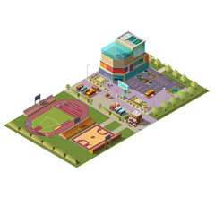 Shopping center or mall with parking, athletics stadium and outdoor basketball court cross section isometric vector illustration. City infrastructure object, urban architecture, cartography element