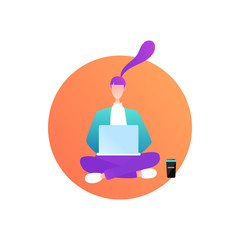 Vector Illustration. Sitting girl with laptop. Online communication between people. Modern style young woman speaking in Internet or wort at home with a cup of coffee