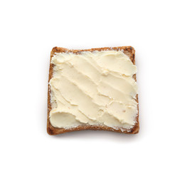 Tasty toasted bread with butter on white background