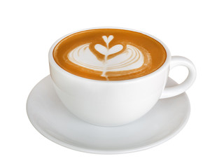 Coffee latte art flower shape, hot cappuccino isolated on white background, clipping path