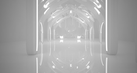 Abstract gothic white interior with neon lighting. 3D illustration and rendering.