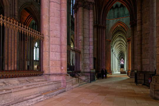 Inside Reims Cathedral. This Roman Catholic cathedral was built on the site of the basilica where Clovis was baptized. This major tourist destination receives about 1 million visitors annually.