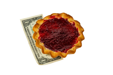 pie with curd filling and raspberries with one dollar bill, white background