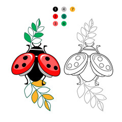 Coloring by numbers for children. Beautiful little ladybug with leaves on a white background isolated. Vector illustration.