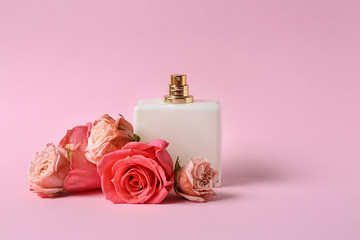 Bottle of perfume and flowers on color background