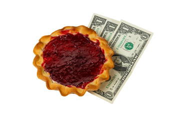 pie with curd filling and raspberries and three dollars on a white background