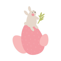 Adventures of Easter bunnies, who are looking for and hiding holiday eggs. Easter design elements in minimalistic vector style. Illustrations for kids.