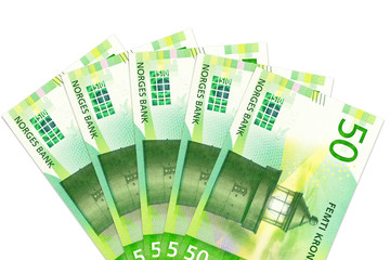 some new 50 norwegian krone bank notes with copy space