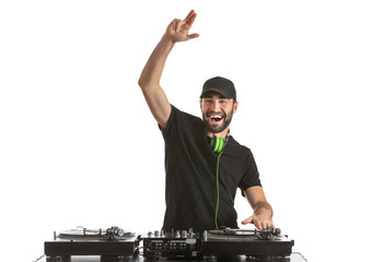 Male DJ playing music on white background - obrazy, fototapety, plakaty