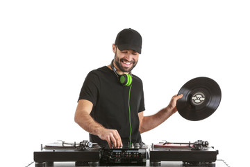 Male DJ playing music on white background