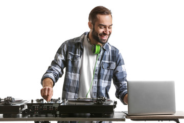 Male DJ playing music on white background
