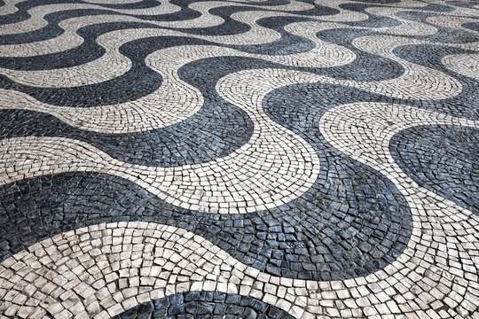 Mosaic pavement, black and white, corrugated pavement, Rossio Square, Lisbon, Portugal, Europe