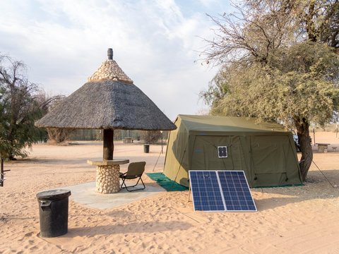 Safari tent and photovoltaic system at Twee Rivieren Camp, Kgalagadi Transfrontier National Park, North Cape, South Africa, Africa