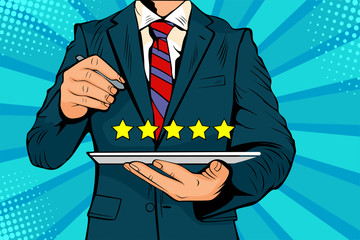Five stars rating quality review of service. Colorful vector illustration in pop art retro comic style