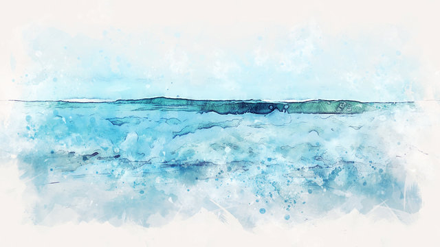 Abstract sea soft wave watercolor illustration painting backgroud.