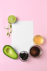 Natural ingredients for cosmetic and blank paper on color background