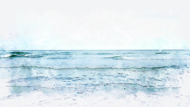 Abstract sea soft wave watercolor illustration painting background.