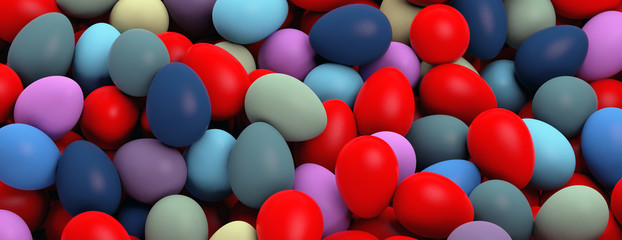Easter preparation. Various colors eggs pile, texture background, banner. 3d illustration