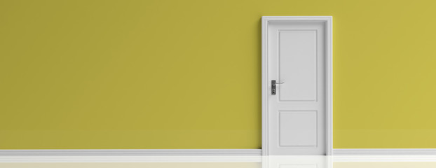 Closed door white on yellow wall background, banner, copy space. 3d illustration