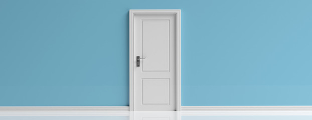 Closed door white on blue wall background, banner, copy space. 3d illustration - obrazy, fototapety, plakaty